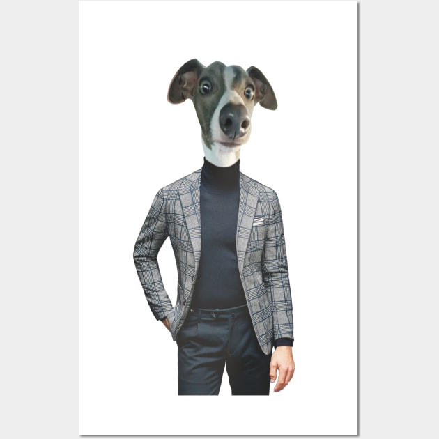 An grey Italian greyhound in a smart and dapper blue mens suit Wall Art by Fruit Tee